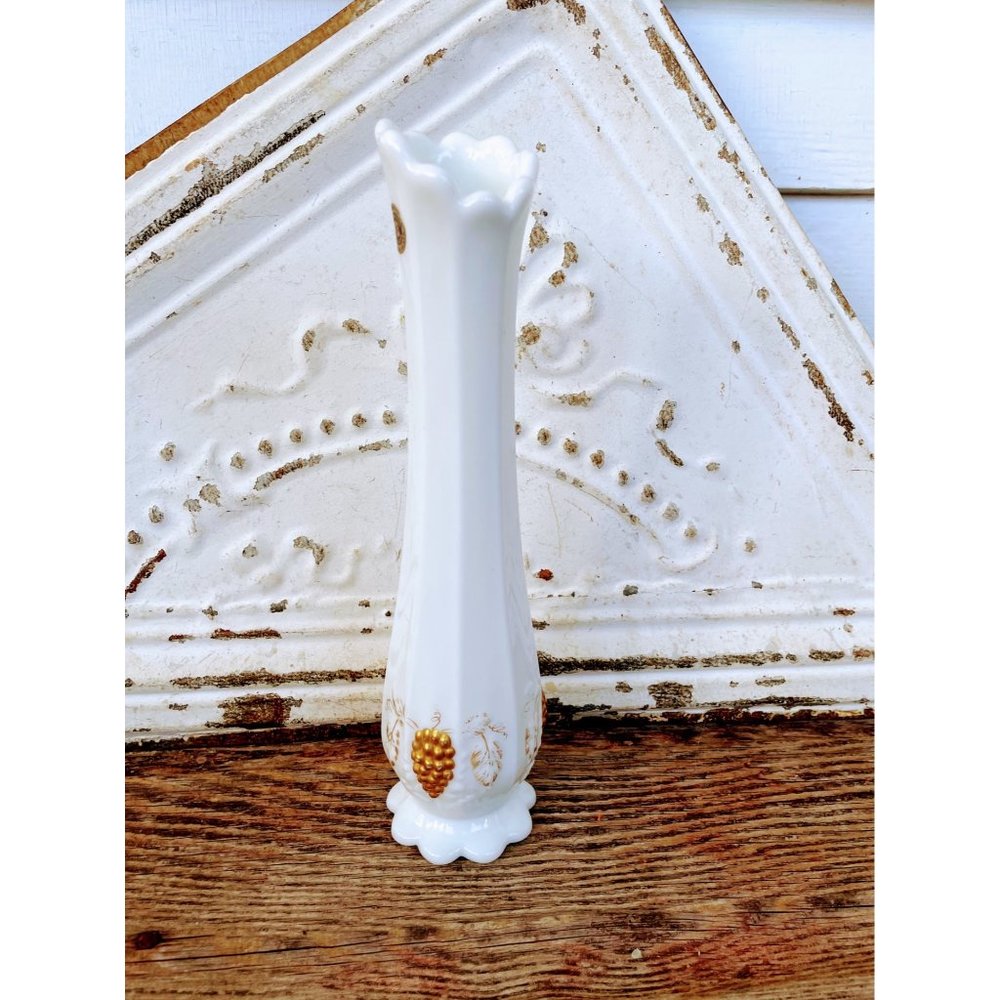Vintage Westmoreland Milk glass Swung Vase Gold Grapes And Leaves 10.5"